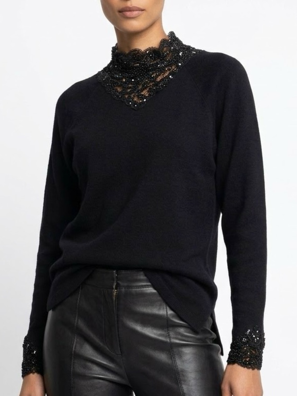 Kenar Black Beaded Lambswool Tunic Sweater Size Large Embellished Mock Neck